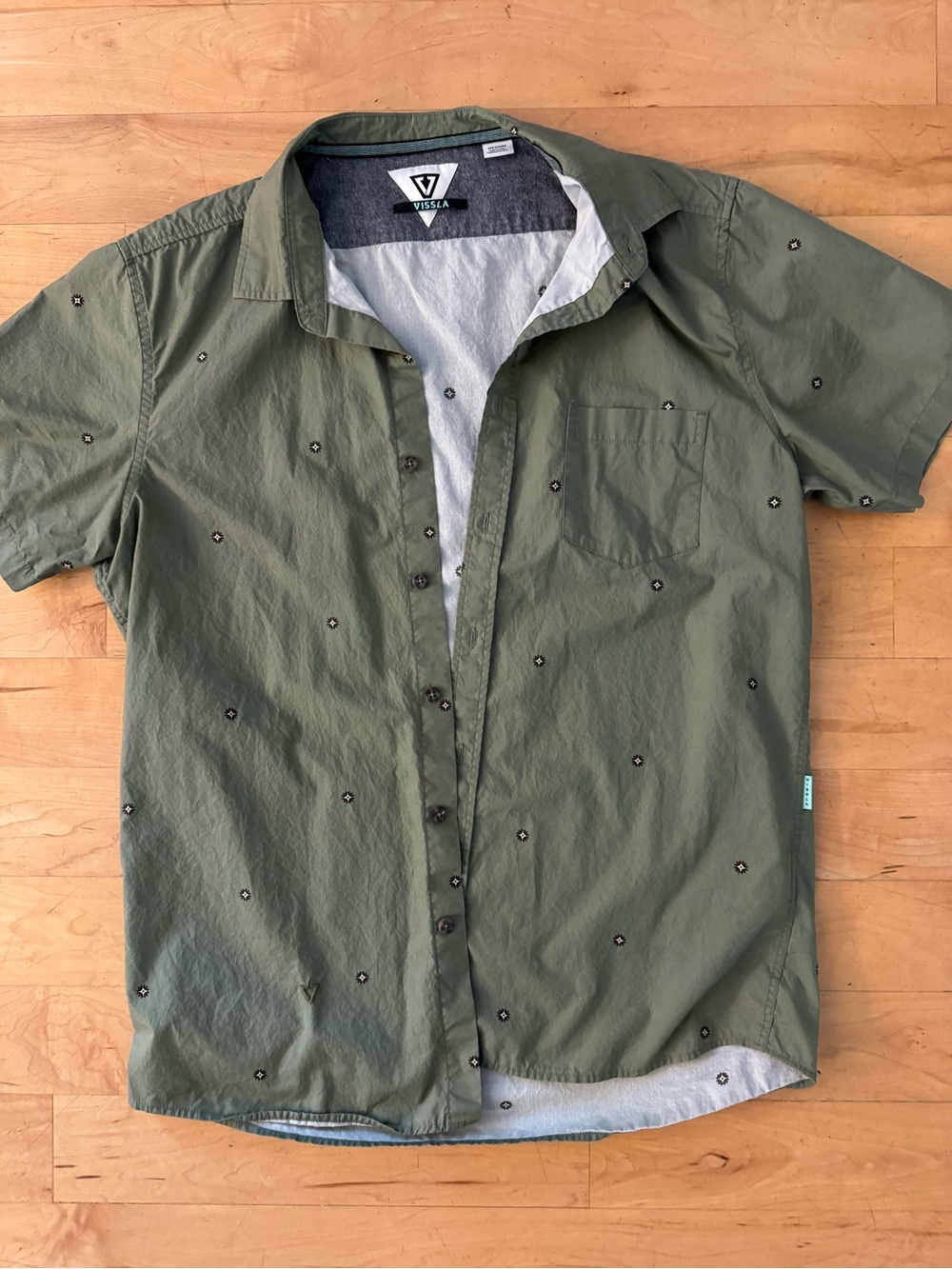 VISSLA Olive Short-Sleeve Button-Down with Tiny Dot Print